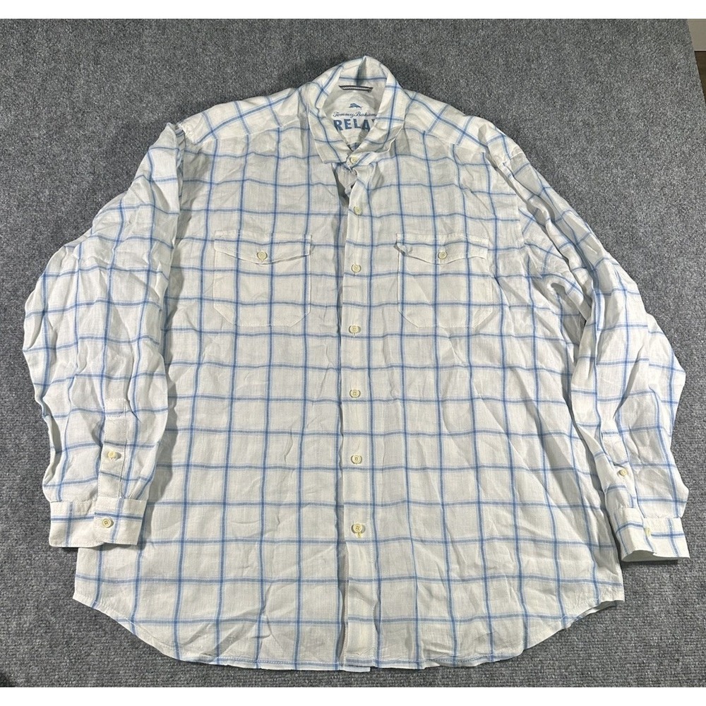 Tommy Bahama Mens XLT Tall White Blue Windowpane Plaid Button Shirt 100% Linen